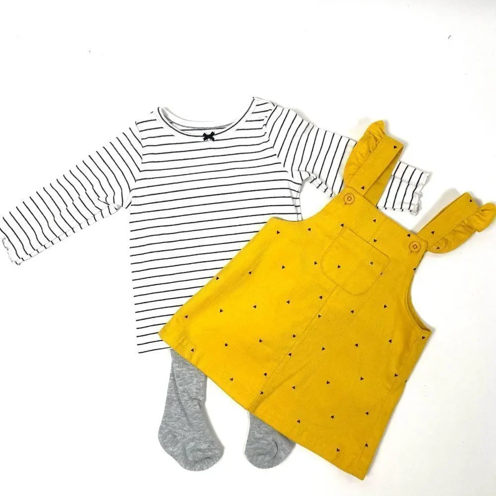 CARTER'S Baby Girl Dress Corduroy Long Sleeve Stripe 3 Piece Set Yellow 6 months